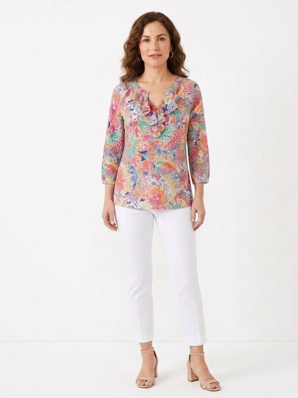 Ralph Lauren 3/4 Sleeve Floral Ruffle Front Tee NEW- Sz. Med P